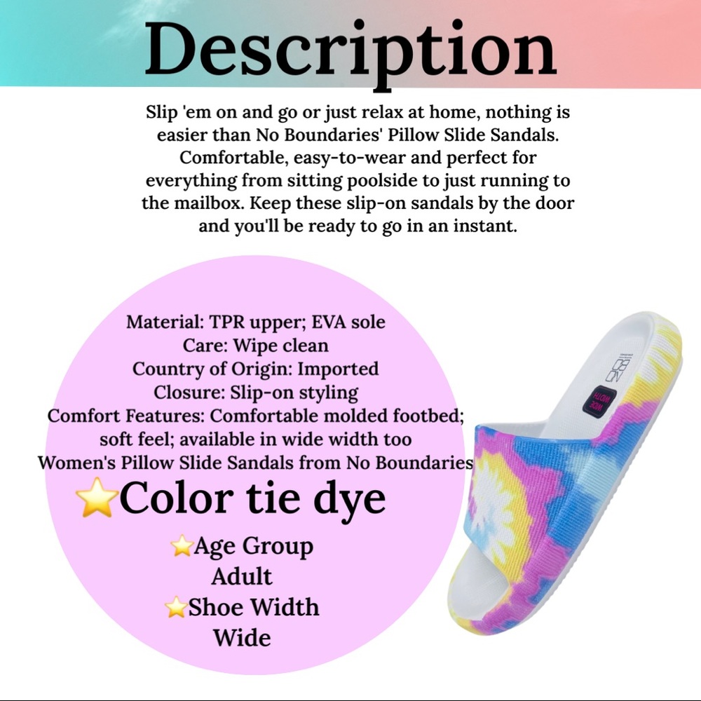 New women pillow slide sandals tie dye size7w 9 W & 10 W - Picture 9 of 9
